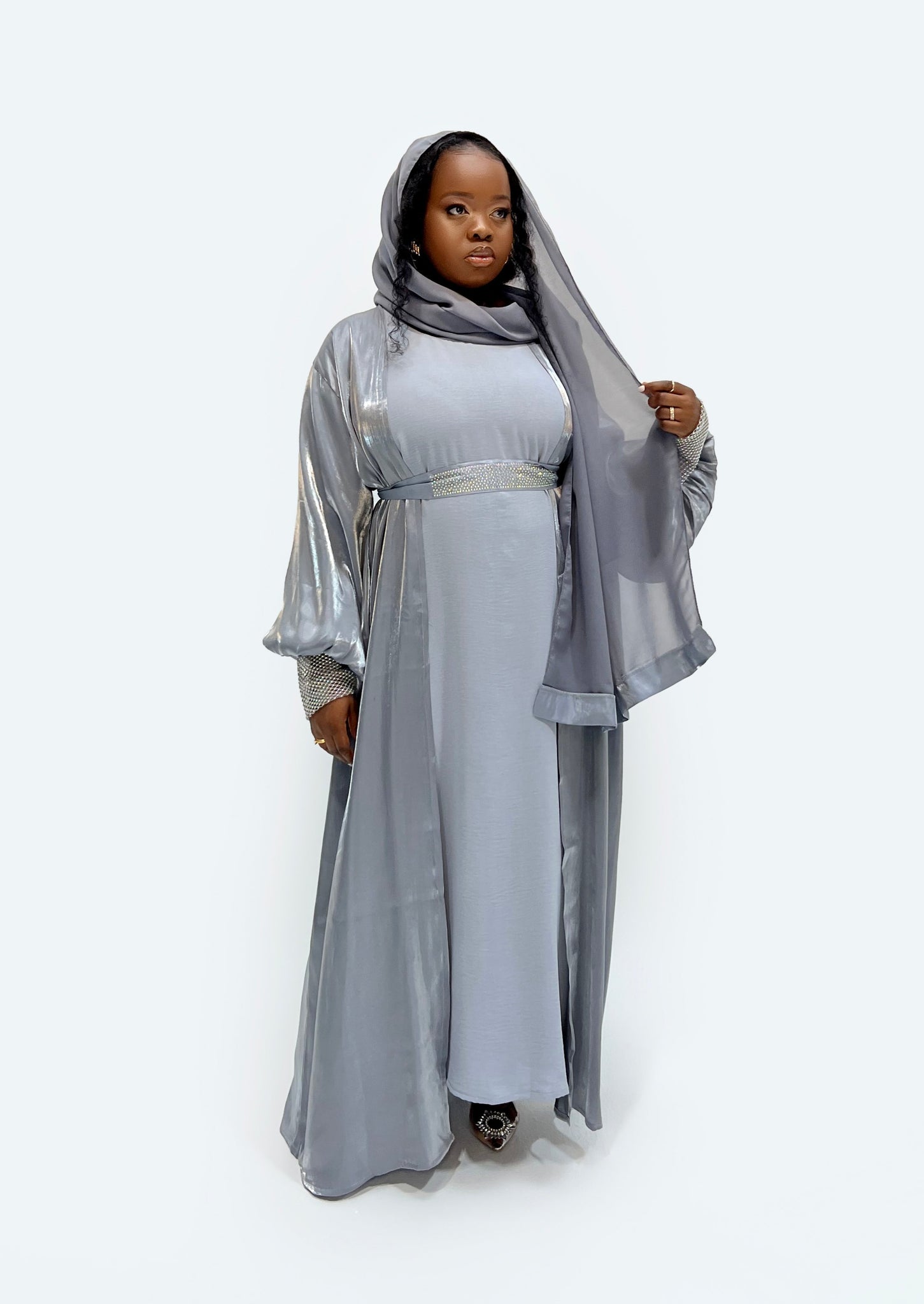 Naomi Three Pieces Abaya Sets in Sliver