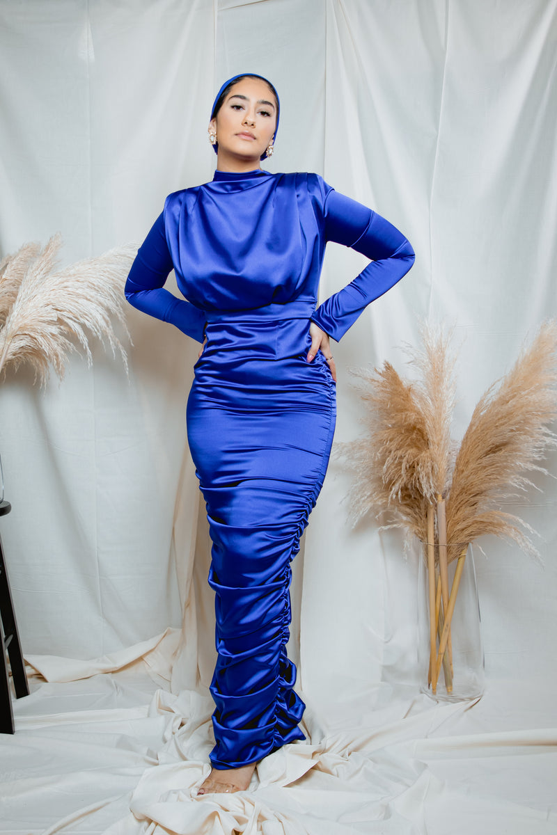 Kamala Royal Blue Ruched Maxi Modest Dress – HIJABTHRONE